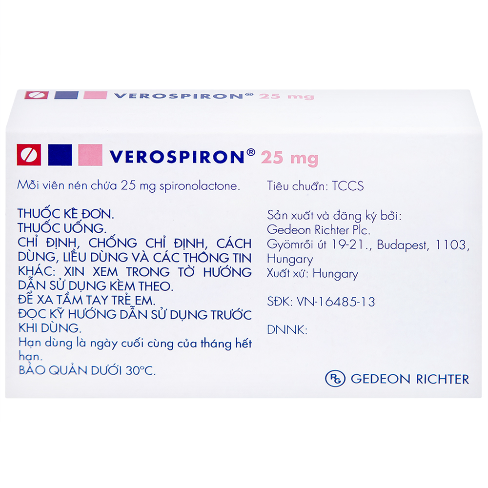 Thuốc Verospiron 25mg Gedeon điều trị phù, tăng huyết áp, cường aldosterone tiên phát và giảm kali huyết (1 vỉ x 20 viên)