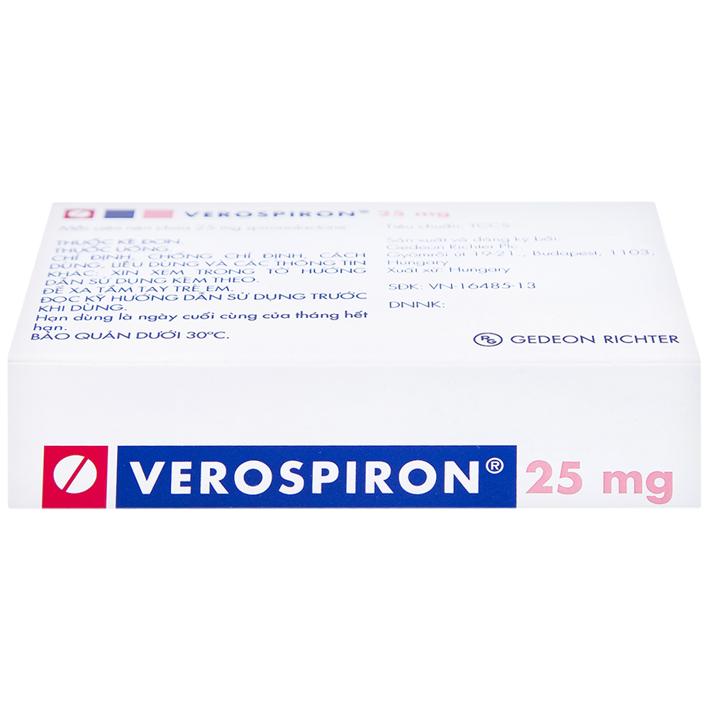 Thuốc Verospiron 25mg Gedeon điều trị phù, tăng huyết áp, cường aldosterone tiên phát và giảm kali huyết (1 vỉ x 20 viên)
