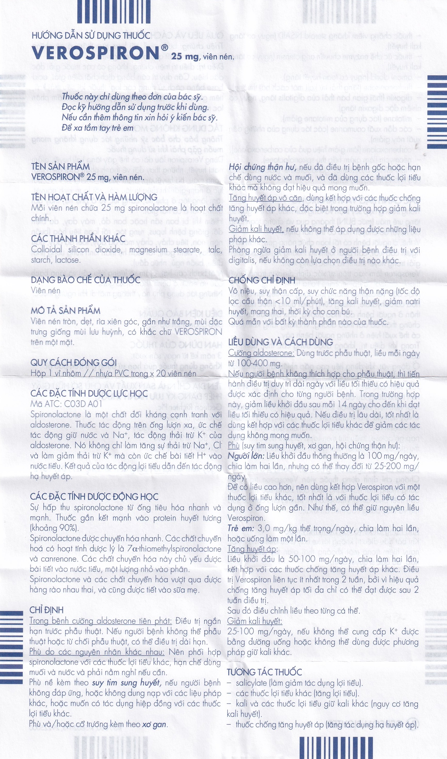 Thuốc Verospiron 25mg Gedeon điều trị phù, tăng huyết áp, cường aldosterone tiên phát và giảm kali huyết (1 vỉ x 20 viên)