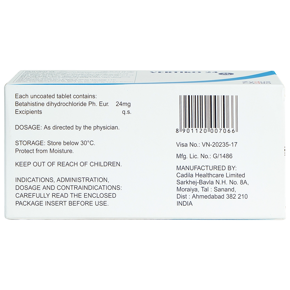 Thuốc Vertiko 24 Cadila điều trị chóng mặt, suy giảm thính giác (10 vỉ x 10 viên)