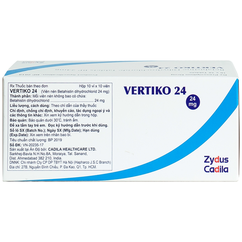 Thuốc Vertiko 24 Cadila điều trị chóng mặt, suy giảm thính giác (10 vỉ x 10 viên)