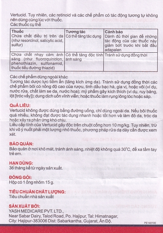 Gel Vertucid Yash Medicare điều trị mụn trứng cá nhẹ đến vừa (15g)