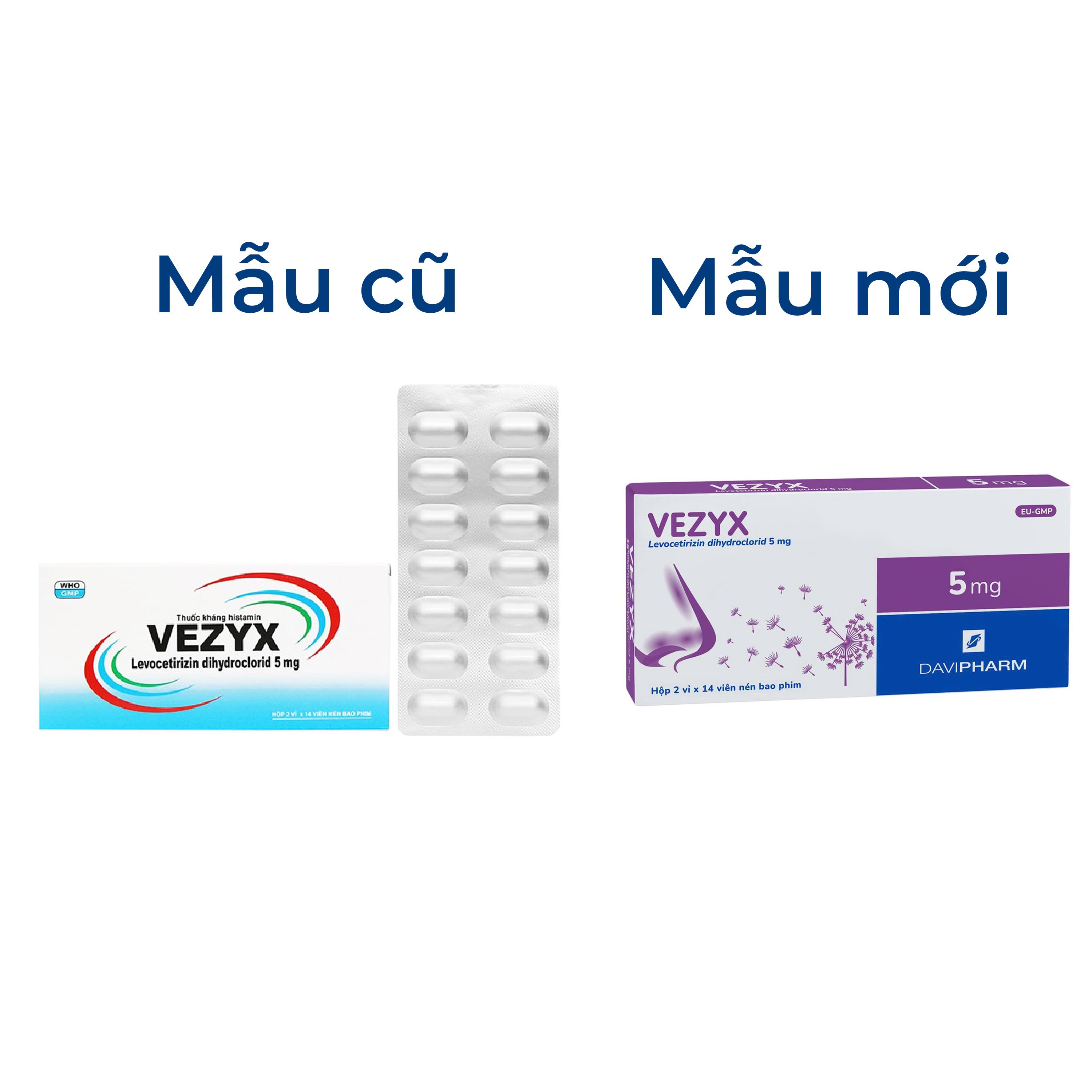 Thuốc Vezyx 5mg Davipharm điều trị viêm mũi dị ứng, mày đay (2 vỉ x 14 viên)