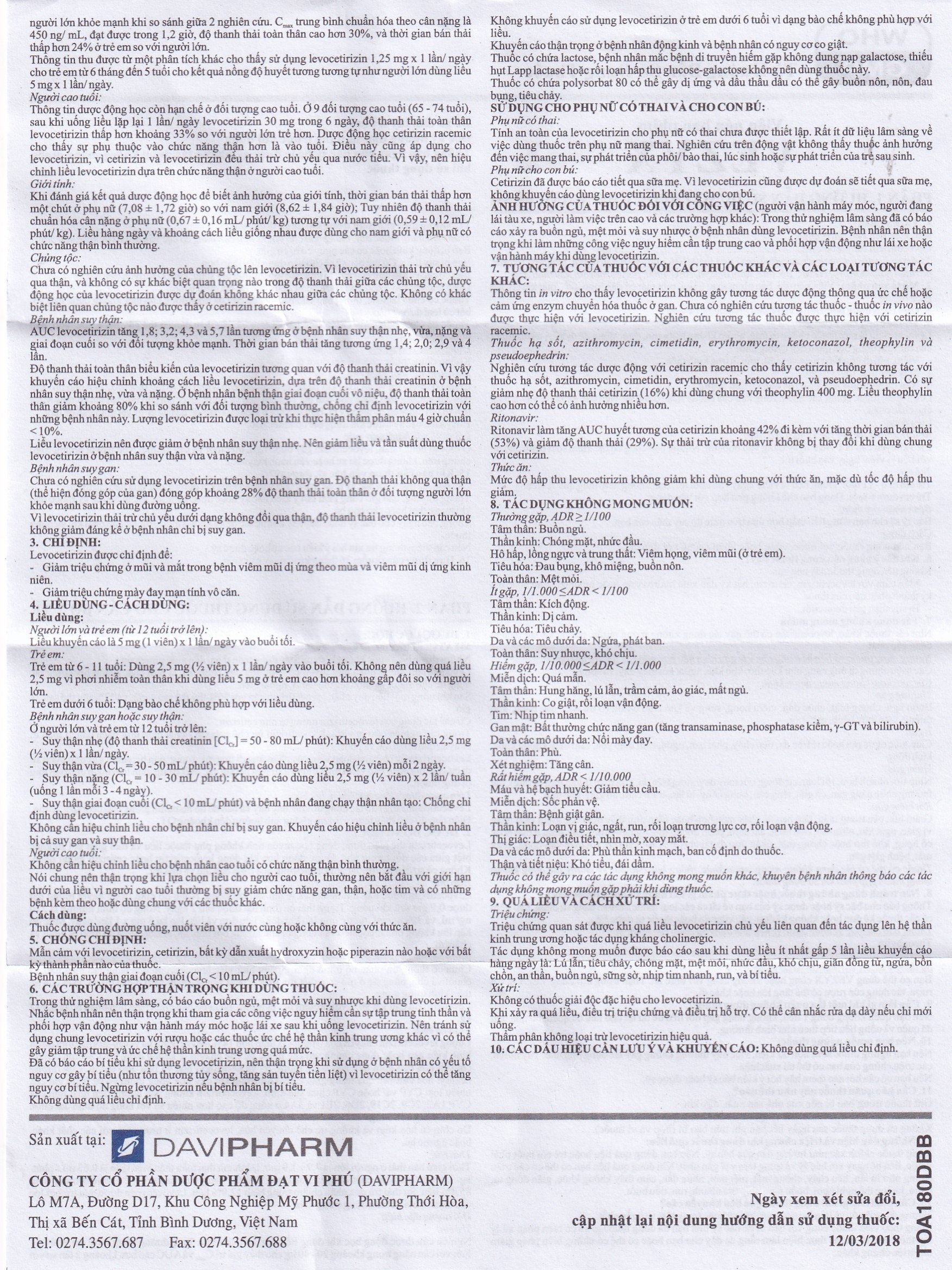 Thuốc Vezyx 5mg Davipharm điều trị viêm mũi dị ứng, mày đay (2 vỉ x 14 viên)