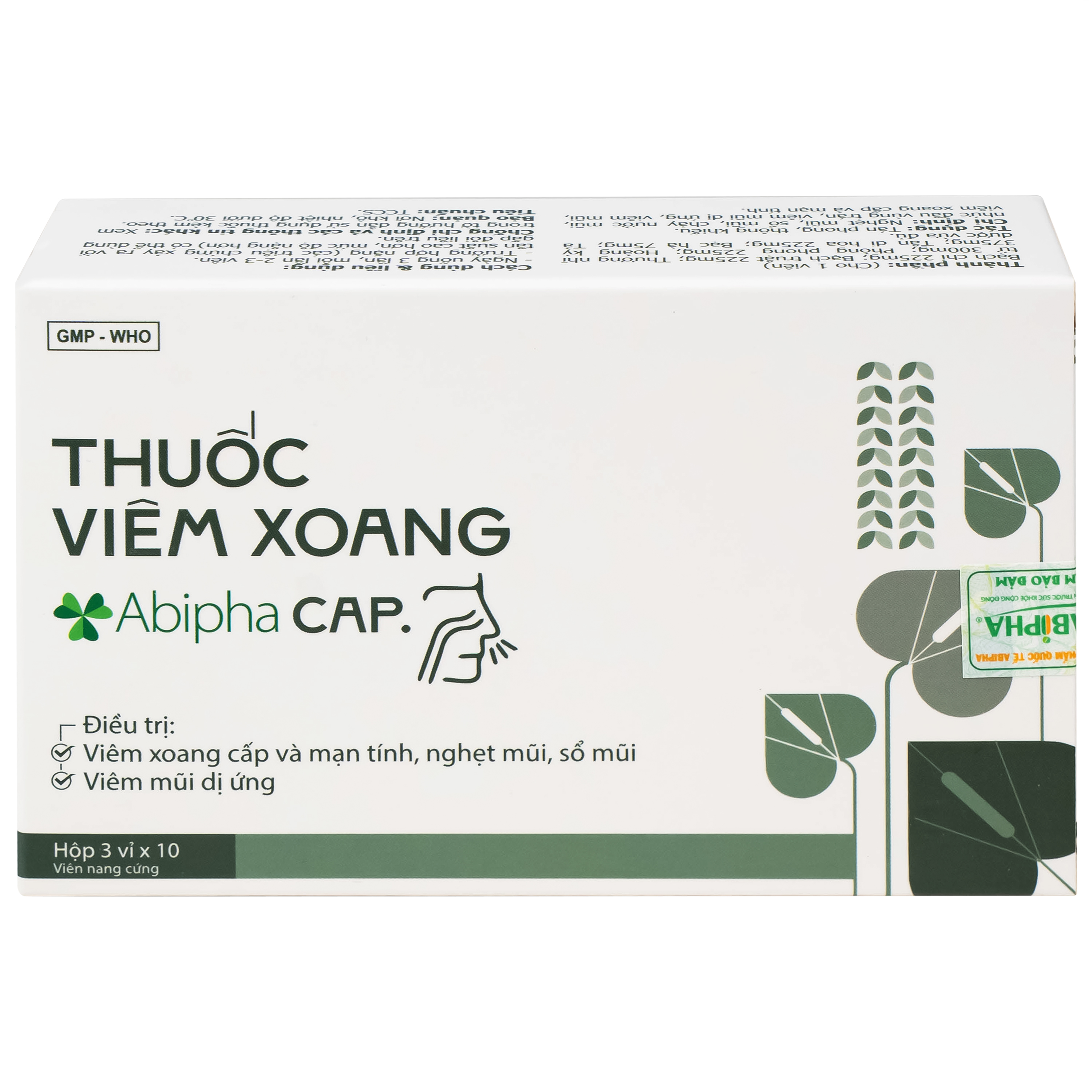 Thuốc viêm xoang Abipha Cap điều trị viêm xoang, nghẹt mũi, sổ mũi, viêm mũi dị ứng (3 vỉ x 10 viên)