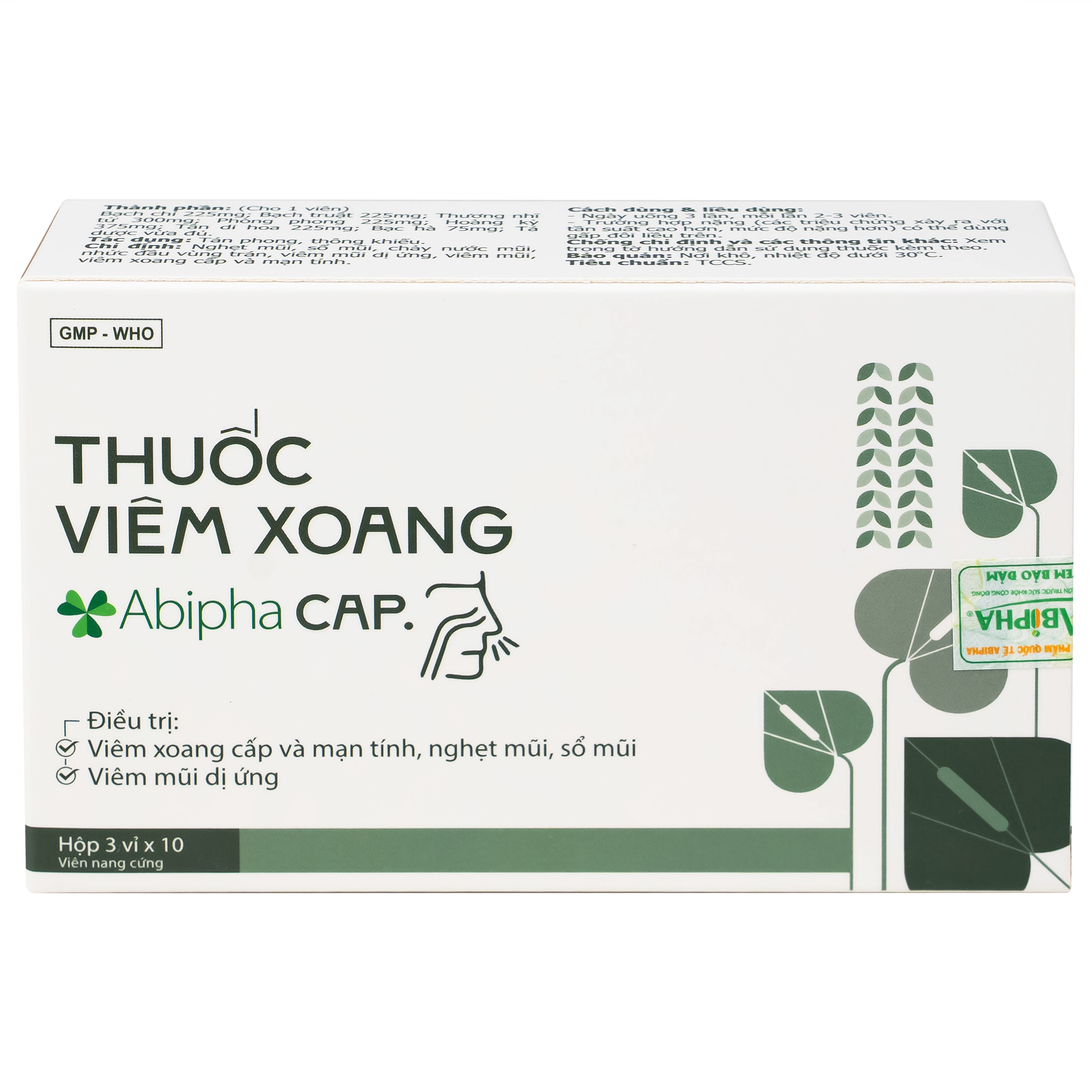 Thuốc viêm xoang Abipha Cap điều trị viêm xoang, nghẹt mũi, sổ mũi, viêm mũi dị ứng (3 vỉ x 10 viên)