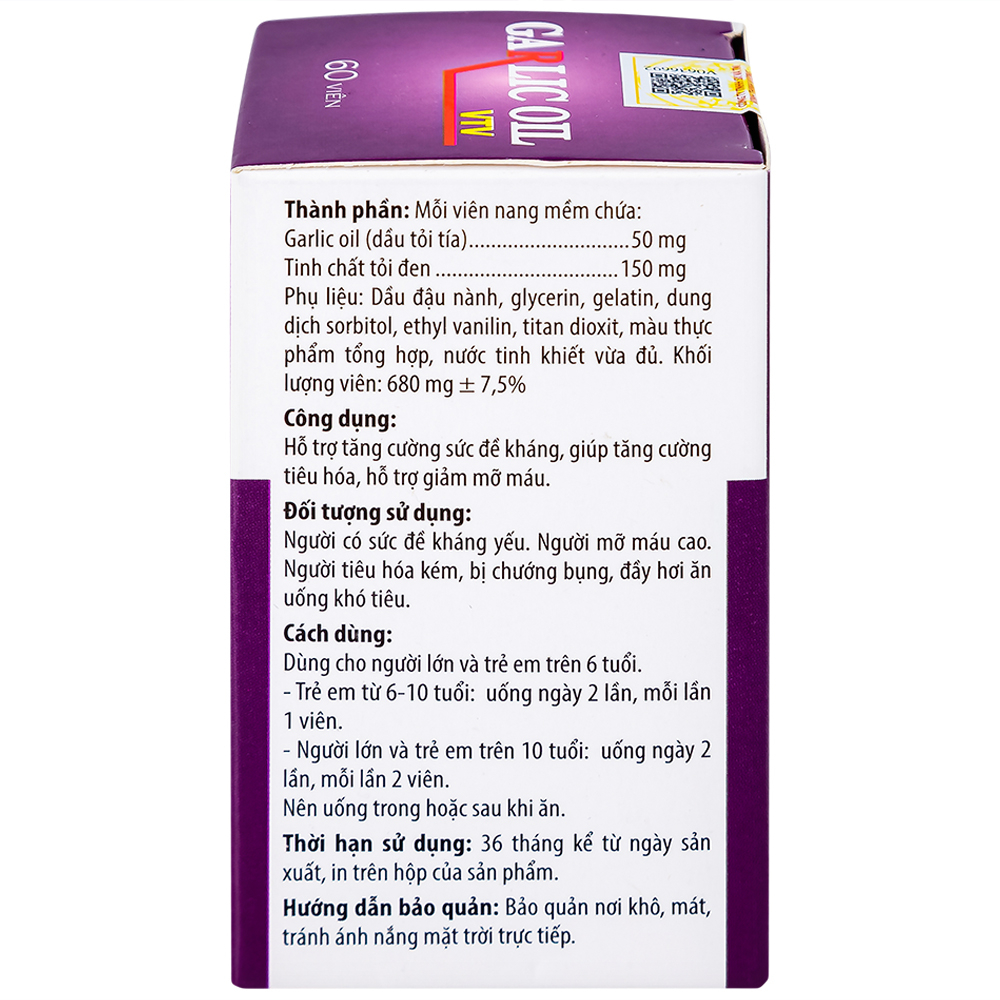 Viên dầu tỏi tía và tinh chất tỏi đen hỗ trợ giảm mỡ máu, tăng cường sức đề kháng Garlic Oil VTV (60 viên)