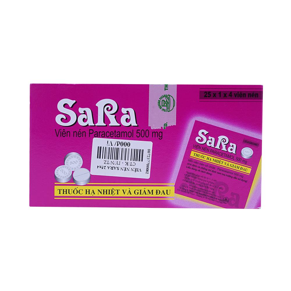 Thuốc Sara 500mg Nakorn giúp giảm đau hạ sốt (25 vỉ x 4 viên)