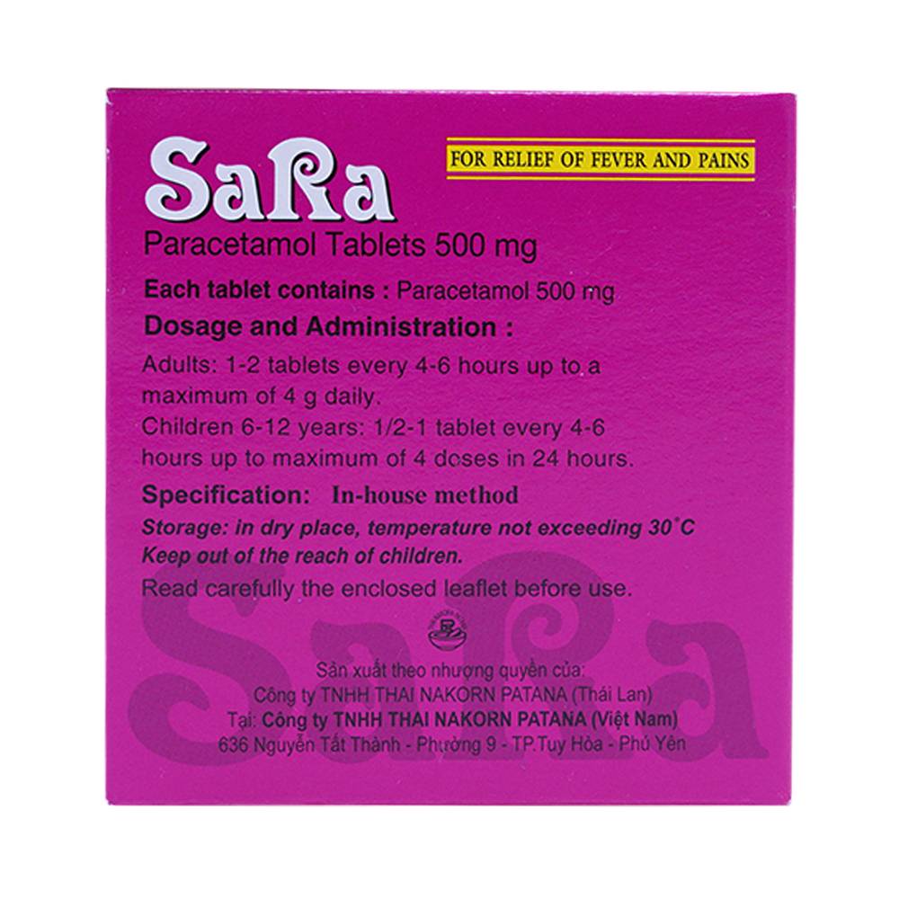 Thuốc Sara 500mg Nakorn giúp giảm đau hạ sốt (25 vỉ x 4 viên)