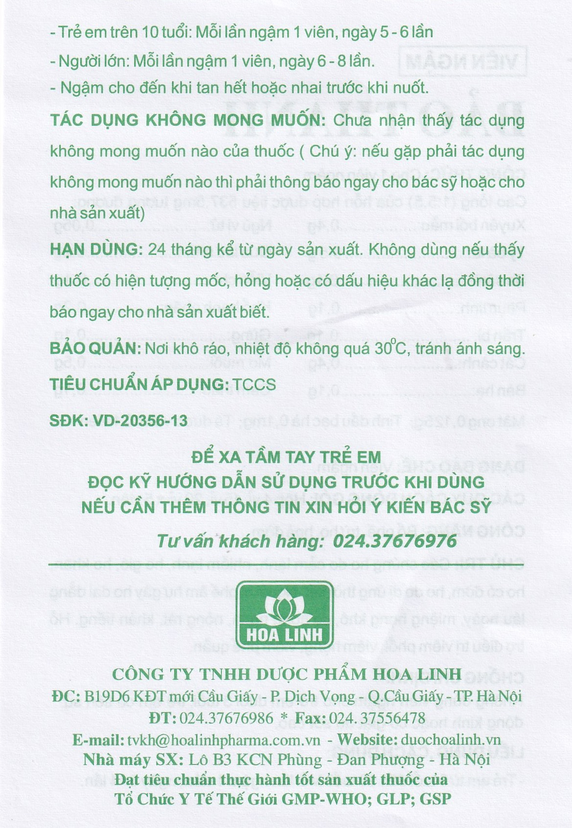 Viên ngậm Bảo Thanh Hoa Linh bổ phế, trừ ho, hoá đờm (20 vỉ x 5 viên)