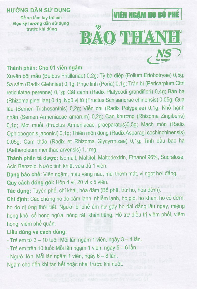 Viên ngậm ho bổ phế Bảo Thanh không đường dùng giảm các chứng ho do cảm lạnh, nhiễm lạnh (20 vỉ x 5 viên)