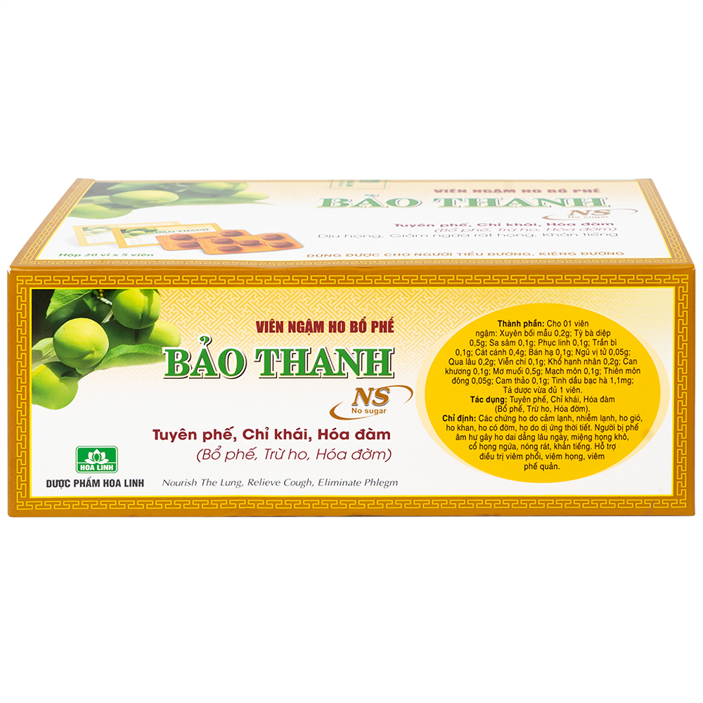 Viên ngậm ho bổ phế Bảo Thanh không đường dùng giảm các chứng ho do cảm lạnh, nhiễm lạnh (20 vỉ x 5 viên)