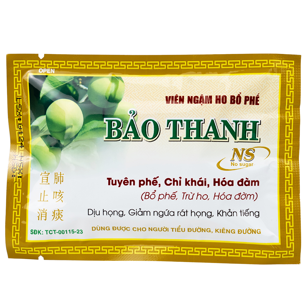 Viên ngậm ho bổ phế Bảo Thanh không đường dùng giảm các chứng ho do cảm lạnh, nhiễm lạnh (20 vỉ x 5 viên)