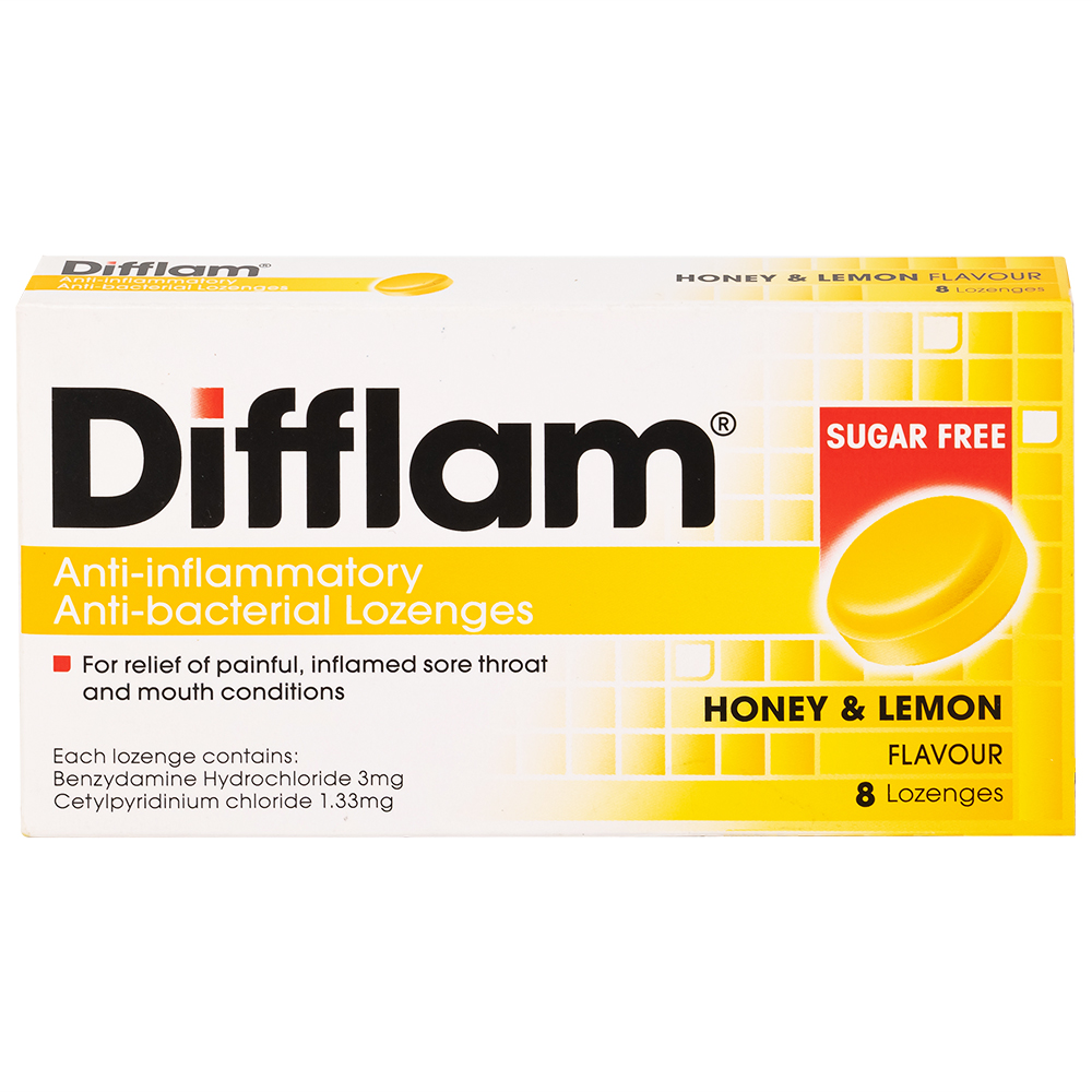 Viên ngậm kháng viêm Difflam vị chanh Unique Pharma hỗ trợ điều trị viêm amidan, đau họng (1 vỉ x 8 viên)