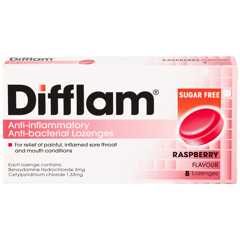 Viên ngậm kháng viêm Difflam vị quả mâm xôi Unique Pharma hỗ trợ điều trị viêm amidan, đau họng (1 vỉ x 8 viên)