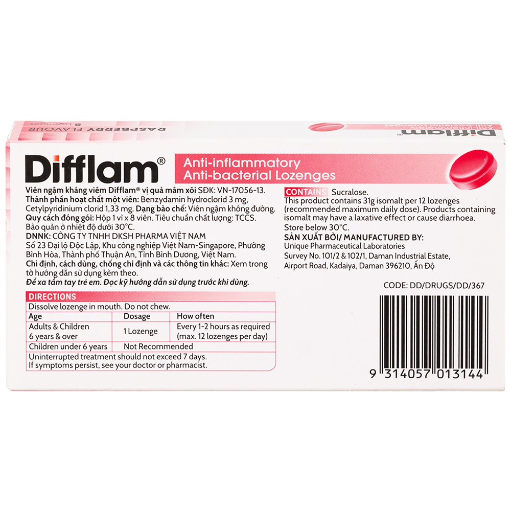 Viên ngậm kháng viêm Difflam vị quả mâm xôi Unique Pharma hỗ trợ điều trị viêm amidan, đau họng (1 vỉ x 8 viên)