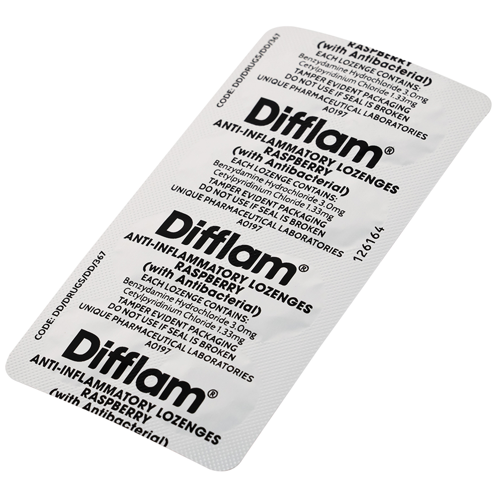 Viên ngậm kháng viêm Difflam vị quả mâm xôi Unique Pharma hỗ trợ điều trị viêm amidan, đau họng (1 vỉ x 8 viên)