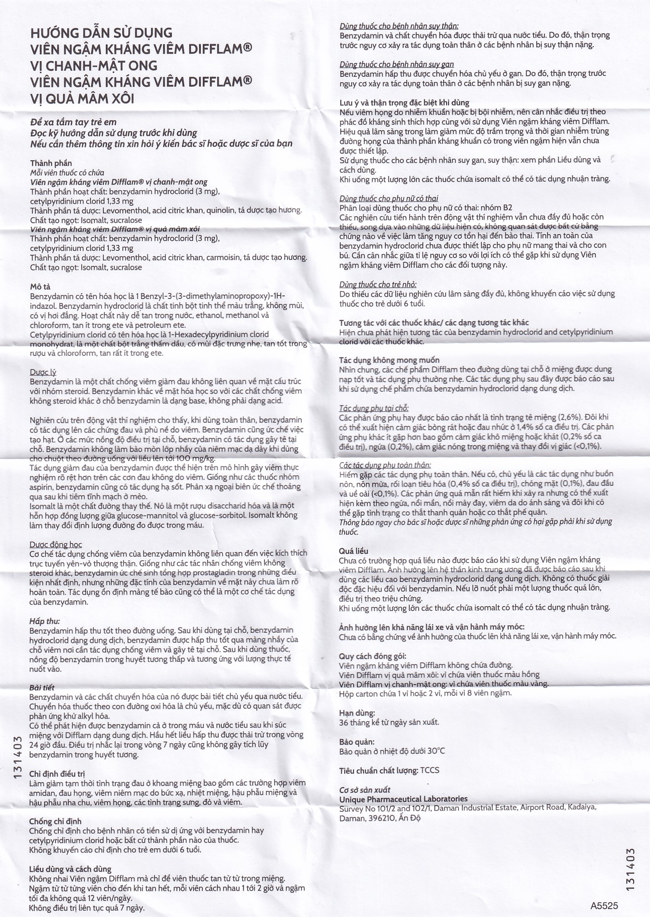 Viên ngậm kháng viêm Difflam vị quả mâm xôi Unique Pharma hỗ trợ điều trị viêm amidan, đau họng (1 vỉ x 8 viên)