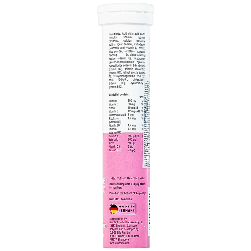 Viên sủi bổ sung calci và vitamin cho trẻ em Kudos Kids Multivitamins Plus Calcium & D3 hương dưa hấu (20 viên)