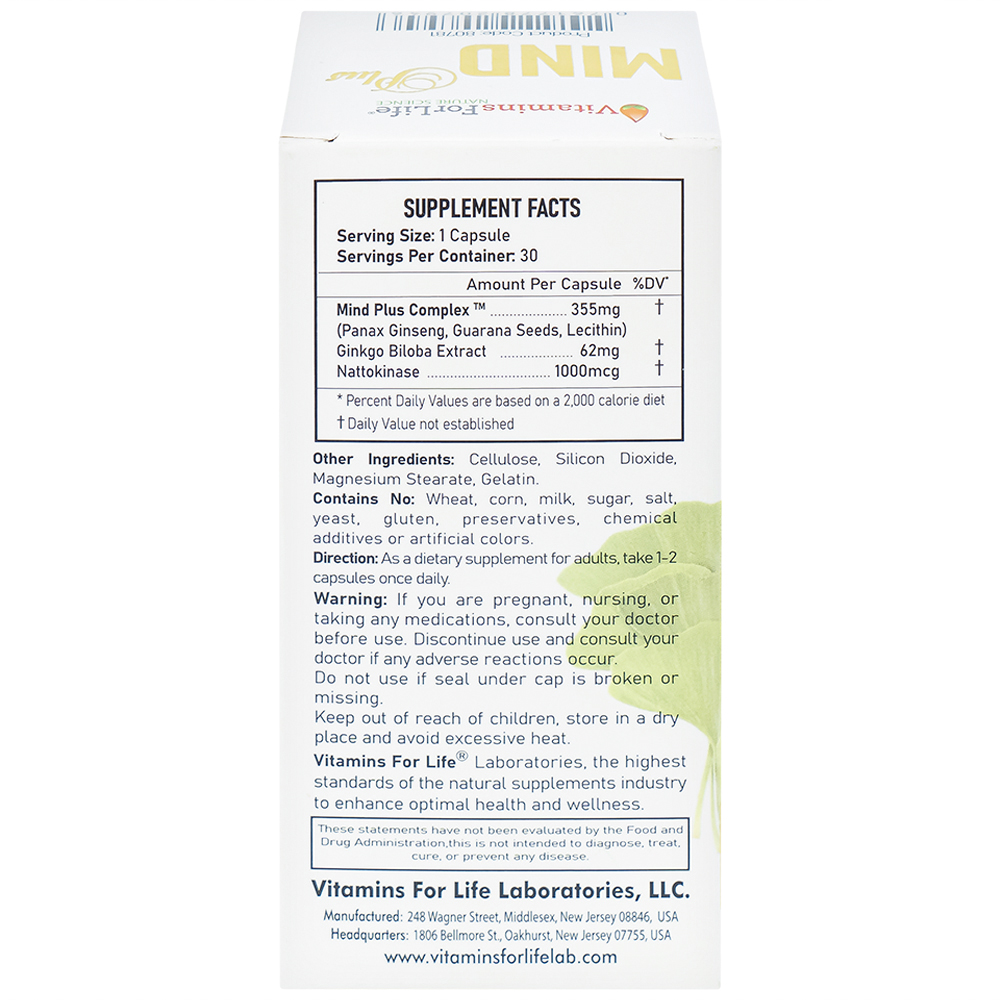 Viên uống hỗ trợ tăng tuần hoàn não, cải thiện trí nhớ Mind Plus Vitamins For Life (30 viên)