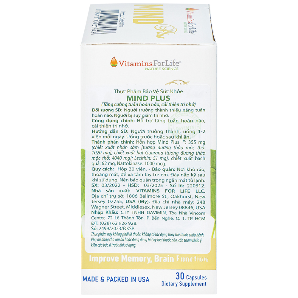 Viên uống hỗ trợ tăng tuần hoàn não, cải thiện trí nhớ Mind Plus Vitamins For Life (30 viên)