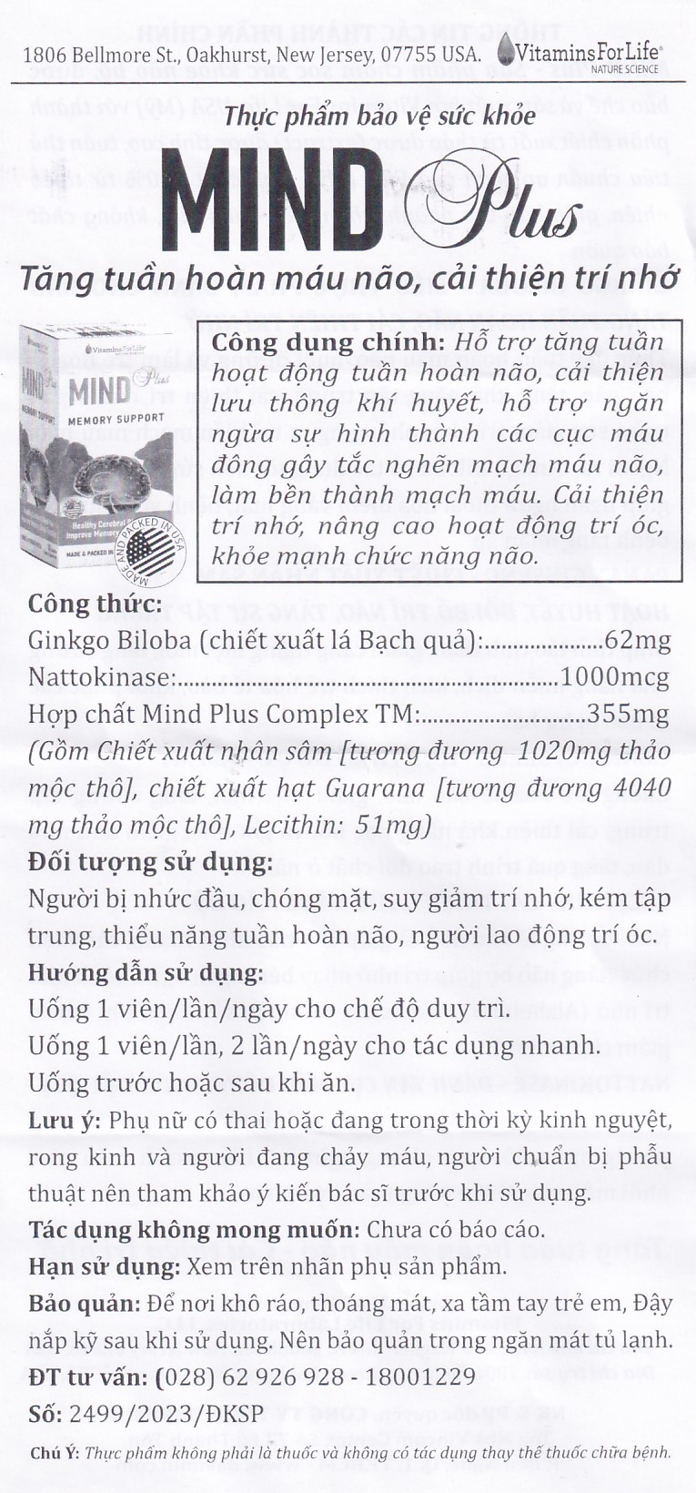 Viên uống hỗ trợ tăng tuần hoàn não, cải thiện trí nhớ Mind Plus Vitamins For Life (30 viên)
