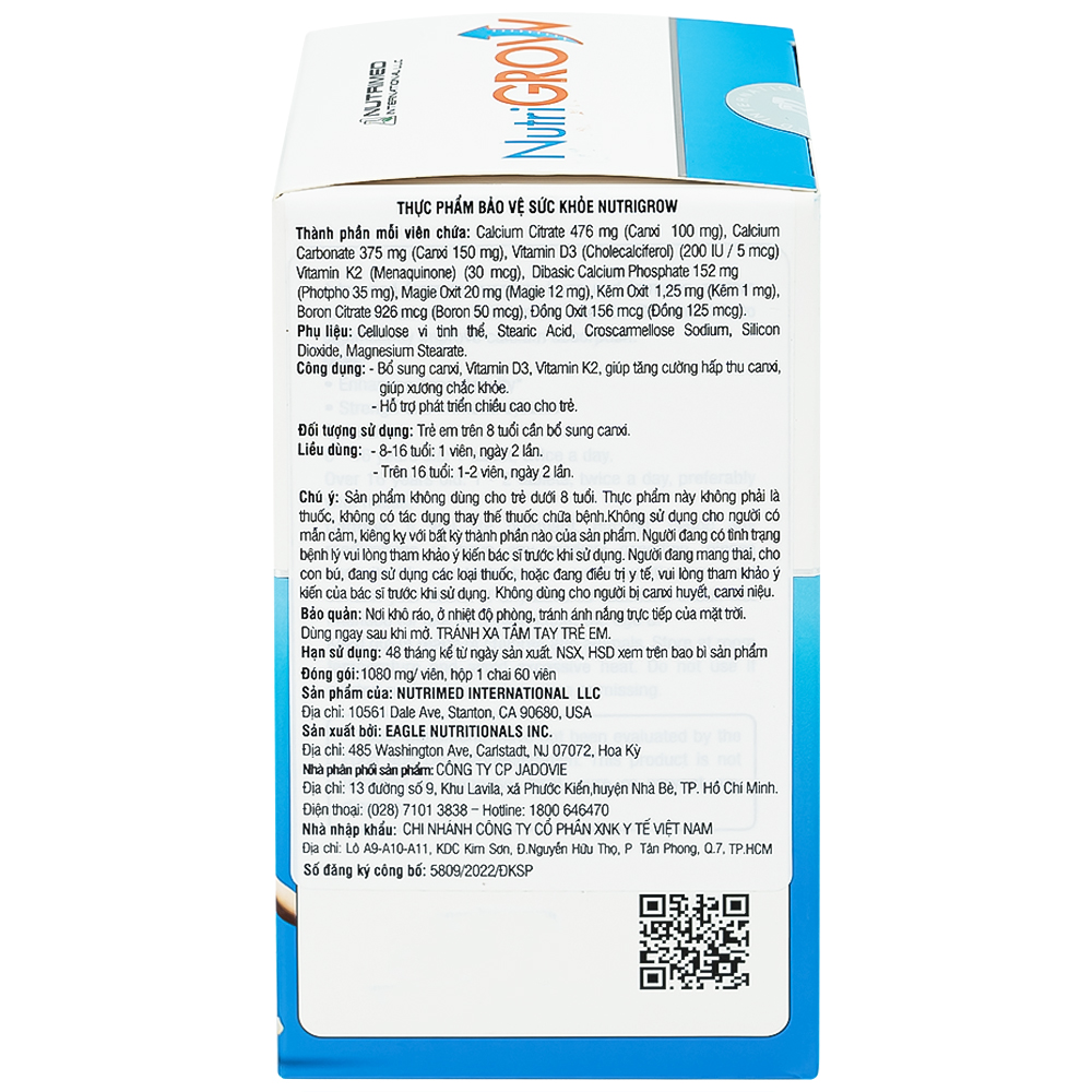 Viên uống bổ sung canxi, giúp tăng chiều cao cho trẻ NutriGrow Nutrimed (60 viên)