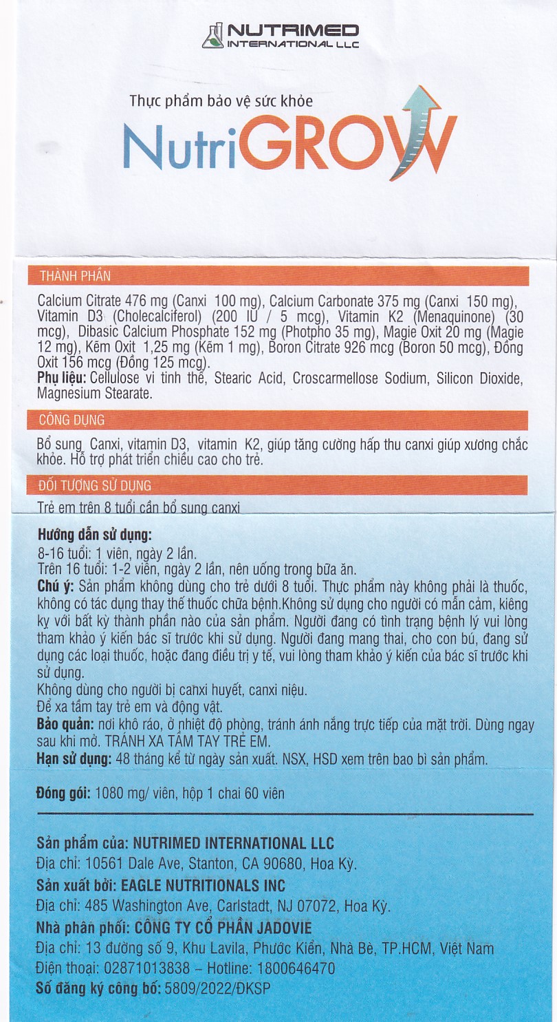 Viên uống bổ sung canxi, giúp tăng chiều cao cho trẻ NutriGrow Nutrimed (60 viên)