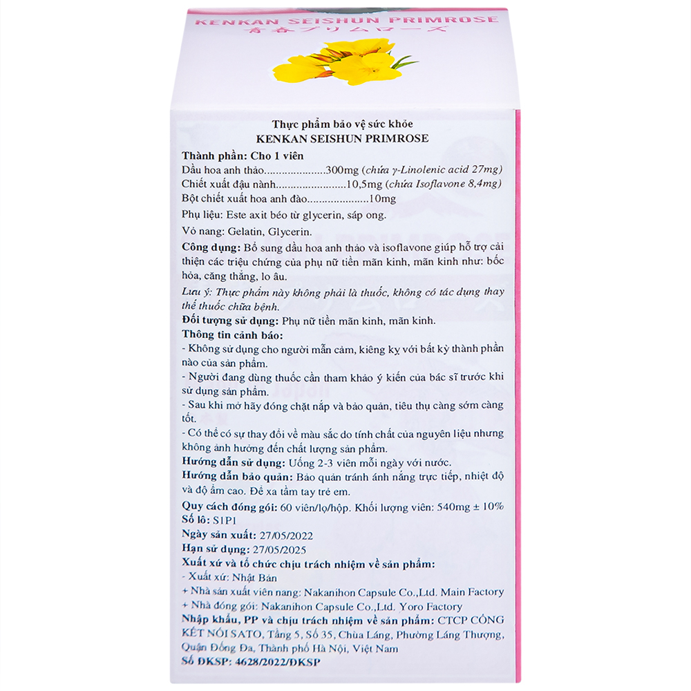 Viên uống cải thiện các triệu chứng của phụ nữ tiền mãn kinh, bổ sung dầu hoa anh thảo Seishun Primrose Kenkan (60 viên)