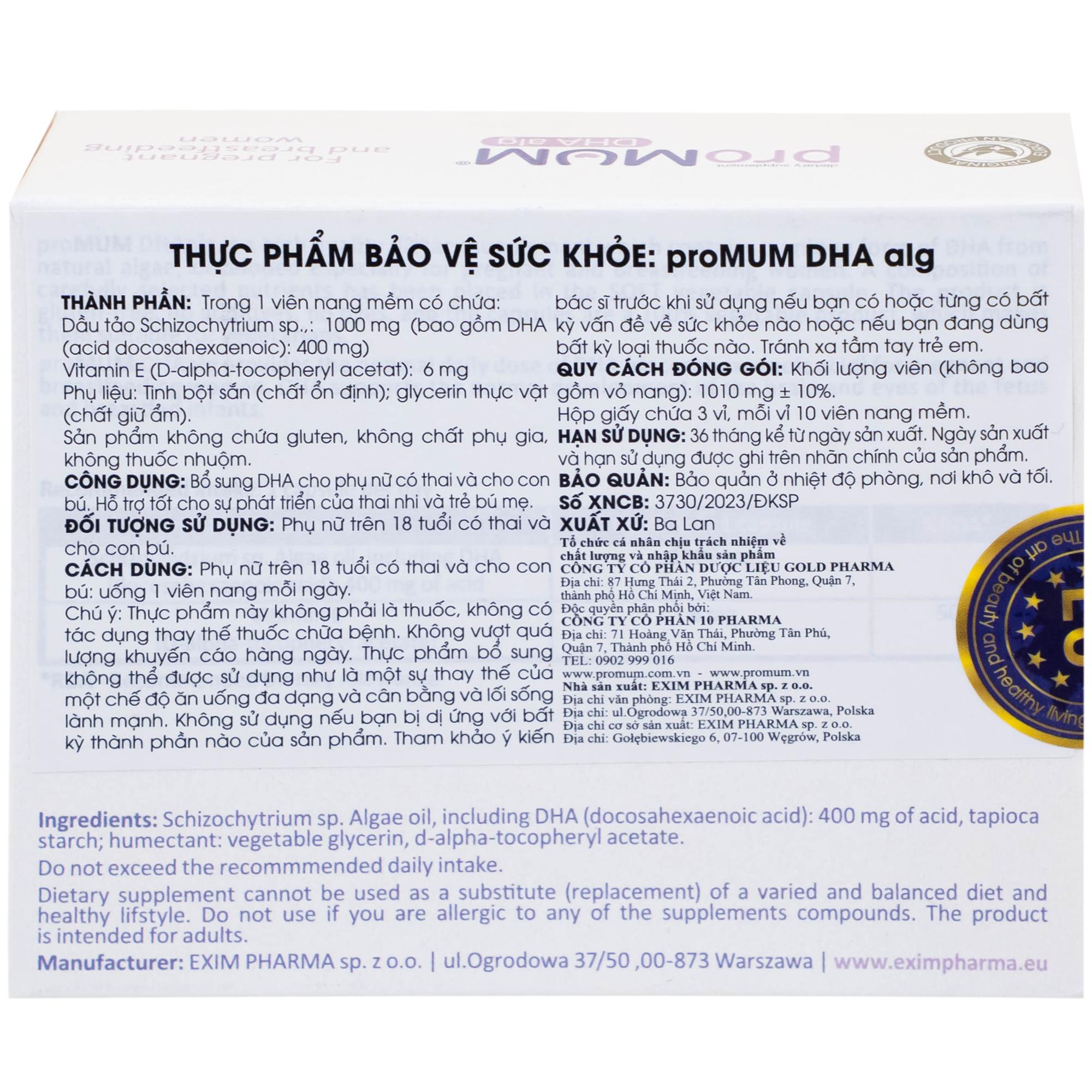 Viên uống bổ sung DHA cho phụ nữ có thai và cho con bú proMUM DHA Alg (3 vỉ x 10 viên)