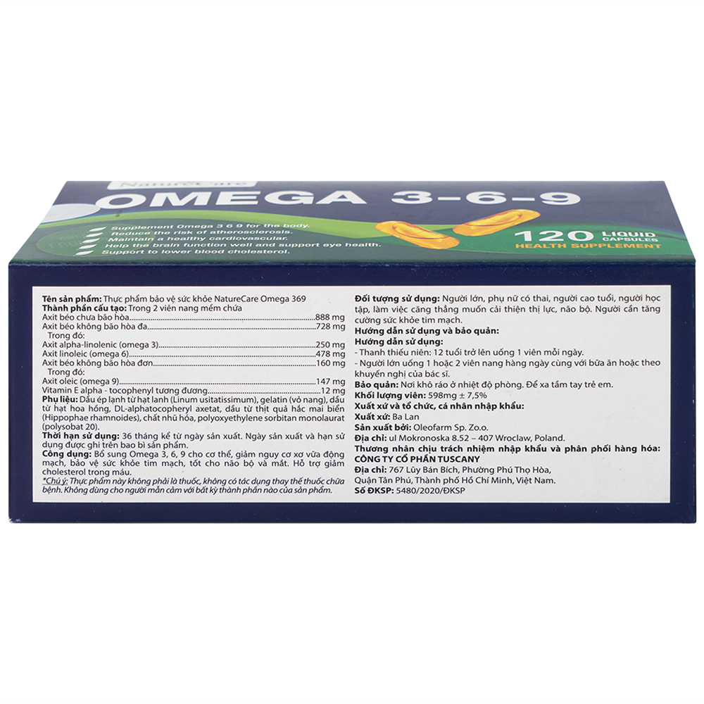 Viên uống bổ sung Omega 3-6-9, tốt cho tim mạch, não và mắt, giảm nguy cơ xơ vữa động mạch Omega 3-6-9 NatureCare (6 vỉ x 20 viên)