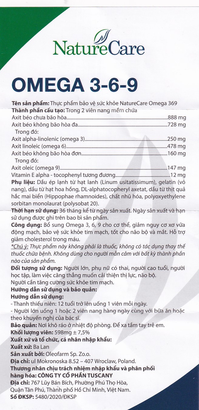 Viên uống bổ sung Omega 3-6-9, tốt cho tim mạch, não và mắt, giảm nguy cơ xơ vữa động mạch Omega 3-6-9 NatureCare (6 vỉ x 20 viên)