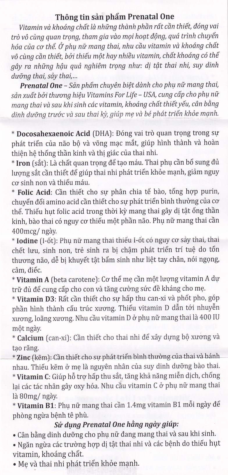 Viên uống bổ sung vitamin và khoáng chất cho phụ nữ mang thai và sau sinh Prenatal One Vitamins For Life (60 viên)