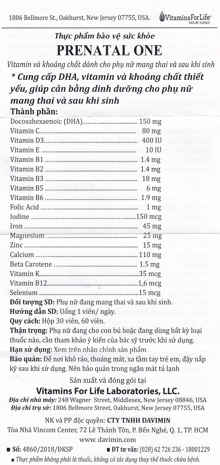 Viên uống bổ sung vitamin và khoáng chất cho phụ nữ mang thai và sau sinh Prenatal One Vitamins For Life (60 viên)