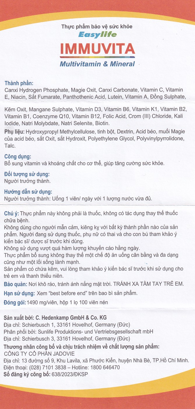 Viên uống bổ sung vitamin và khoáng chất cho cơ thể, tăng sức khỏe Immuvita Easylife (100 viên)