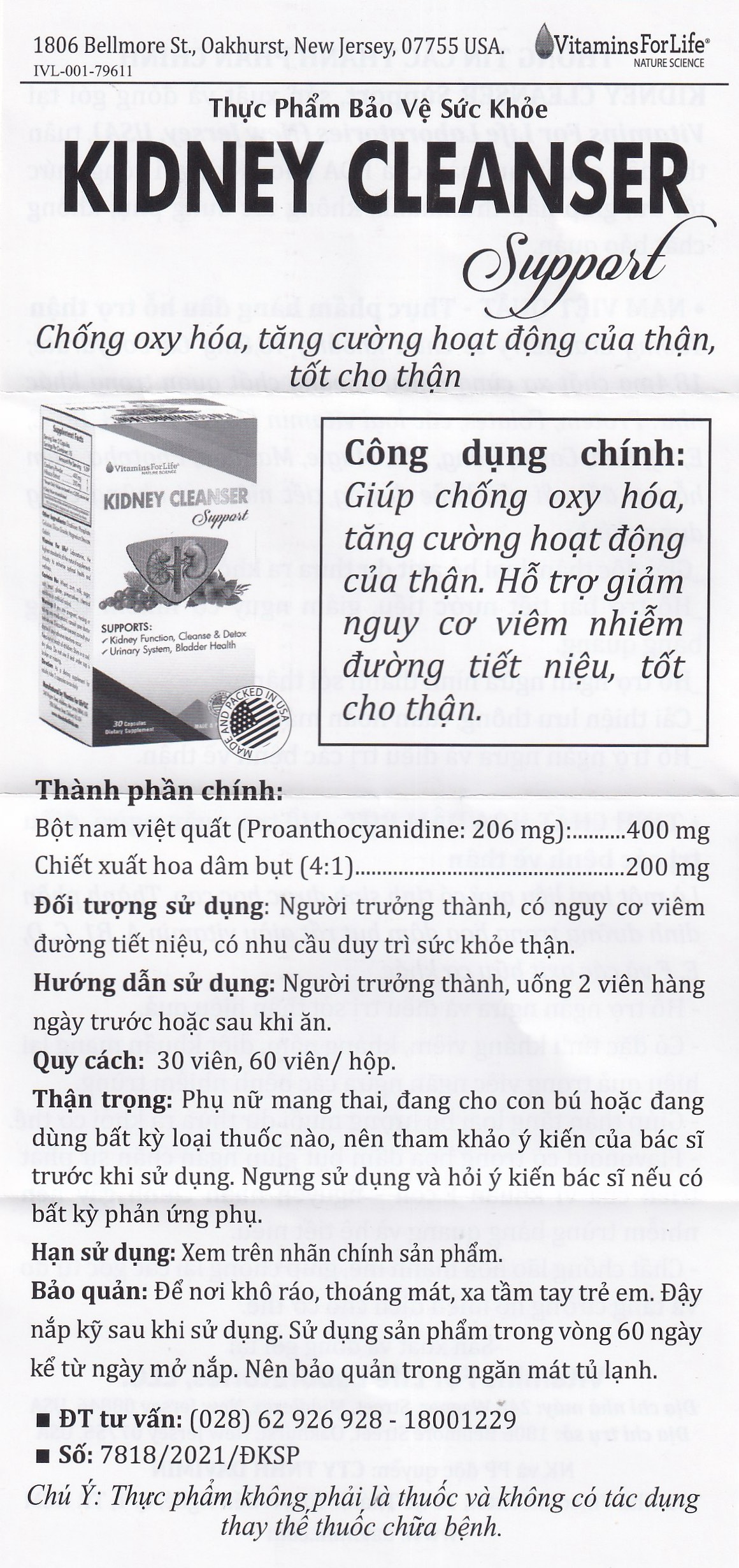 Viên uống bổ thận, hỗ trợ giảm nguy cơ viêm đường tiết niệu Kidney Cleanser Support Vitamins For Life (30 viên)