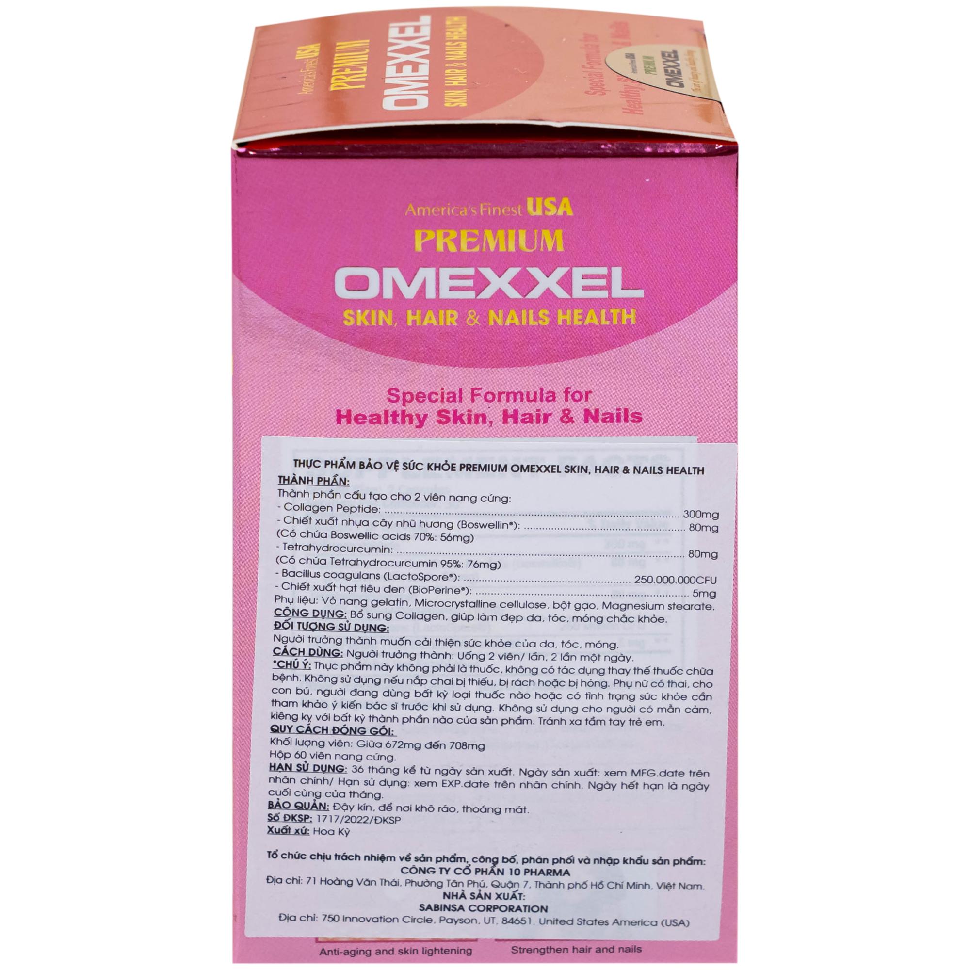 Viên uống bổ sung collagen, giúp làm đẹp da, tóc, móng chắc khỏe Premium Omexxel Skin Hair & Nails Health (60 viên)