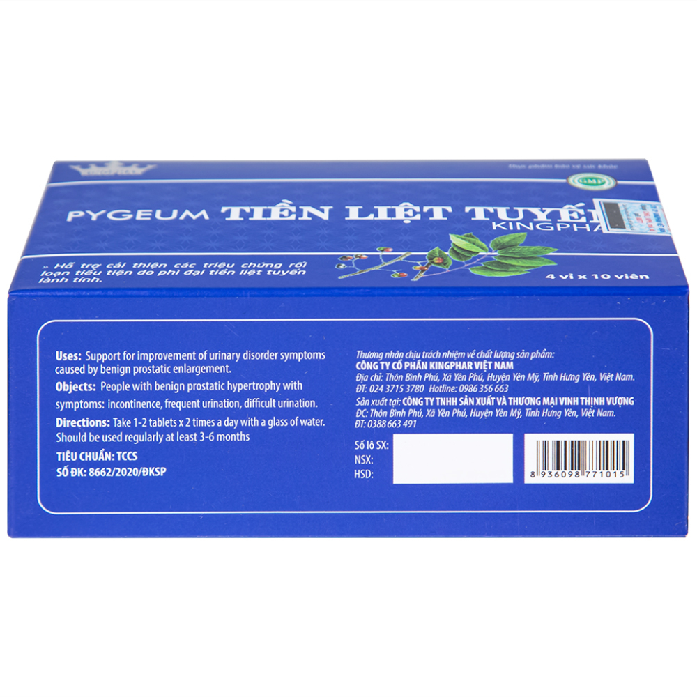 Viên uống hỗ trợ cho người phì đại tiền liệt tuyến Pygeum Tiền Liệt Tuyến Kingphar (4 vỉ x 10 viên)