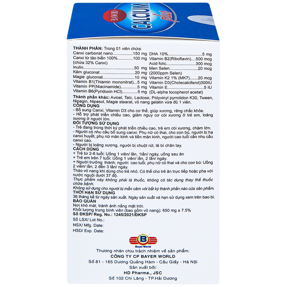 Viên uống giúp răng xương chắc khỏe, tăng chiều cao, giảm còi xương Bawod Calcium Plus (60 viên)