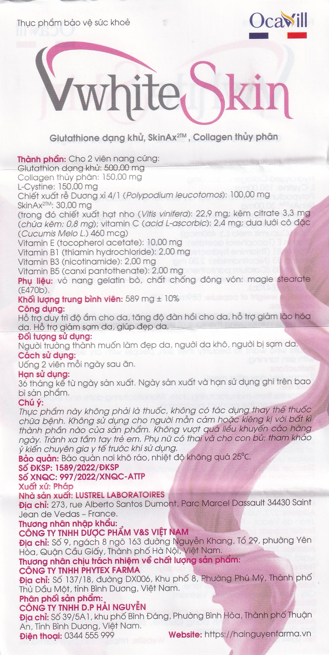 Viên uống giúp đẹp da, giảm sạm da, tăng đàn hồi và độ ẩm cho da VwhiteSkin Ocavill (30 viên)