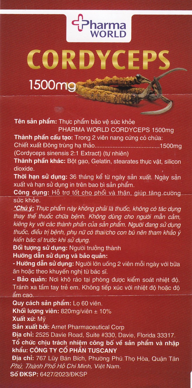 Viên uống Đông Trùng Hạ Thảo giúp tăng cường sức khỏe Cordyceps 1500mg Pharma World (60 viên)