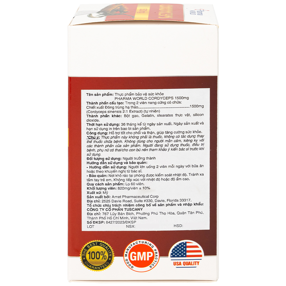 Viên uống Đông Trùng Hạ Thảo giúp tăng cường sức khỏe Cordyceps 1500mg Pharma World (60 viên)