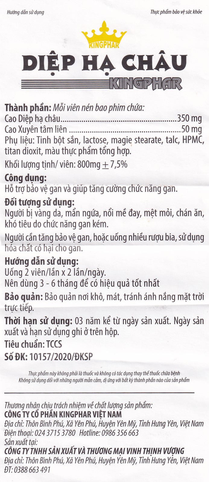 Viên uống hỗ trợ bảo vệ gan, tăng cường chức năng gan Diệp Hạ Châu Kingphar (60 viên)