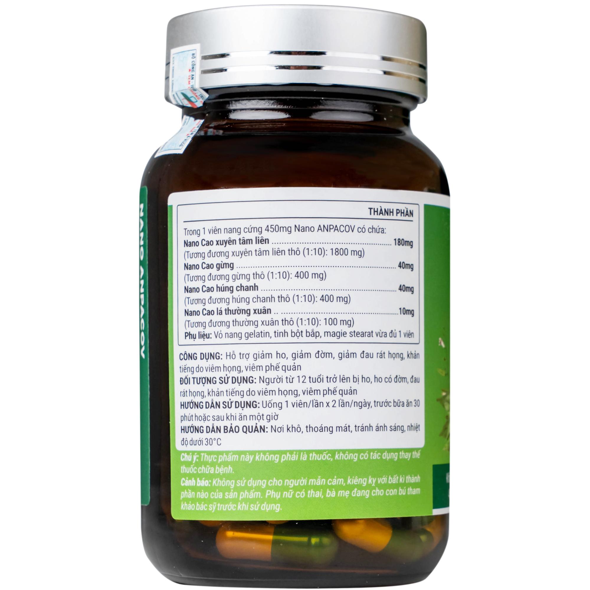 Viên uống giảm ho, giảm đờm, đau rát họng, viêm phế quản Nano Anpacov Biochempha (60 viên)