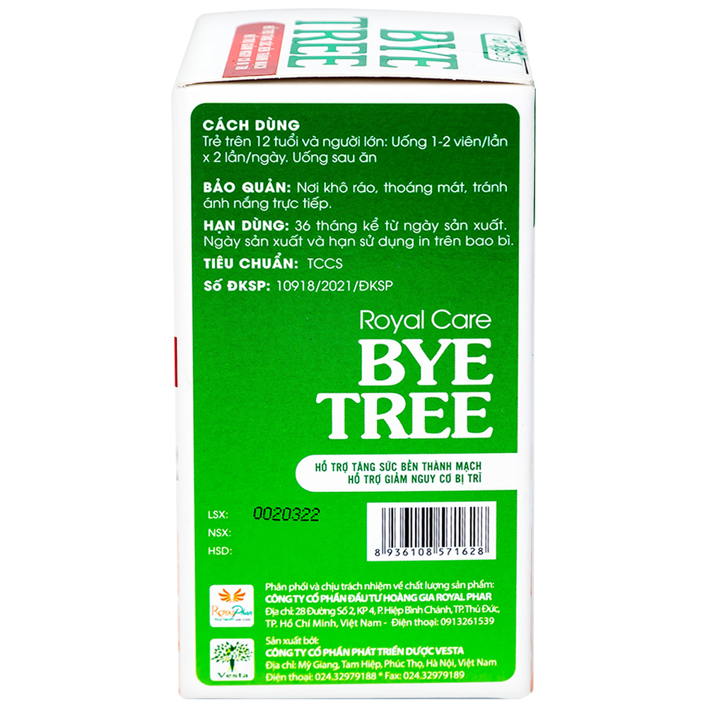 Viên uống hỗ trợ giảm nguy cơ bị trĩ Bye Tree Royal Care (60 viên)