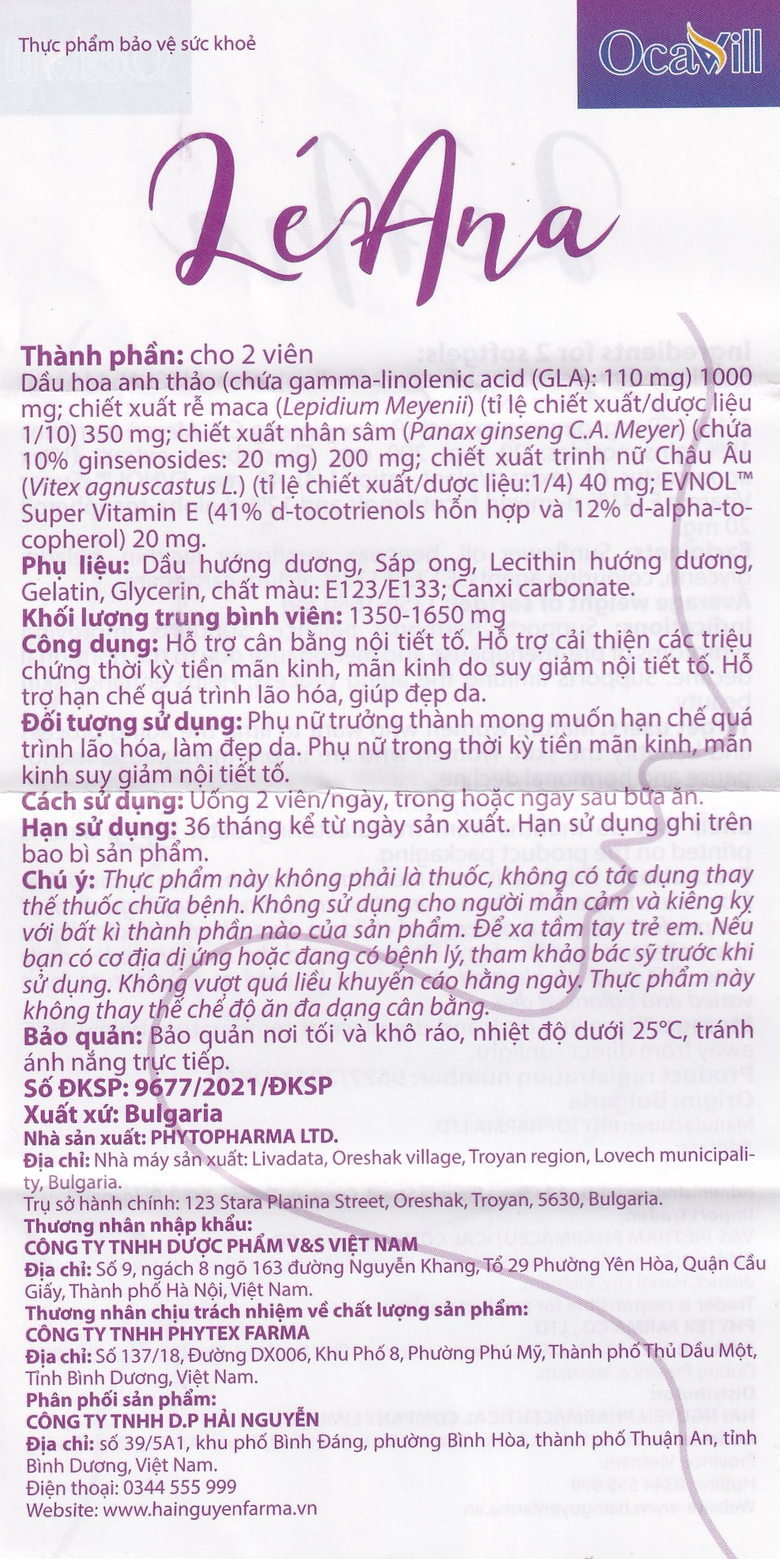 Viên uống hỗ trợ cân bằng nội tiết tố, cải thiện triệu chứng tiền mãn kinh LéAna Ocavill (60 viên)