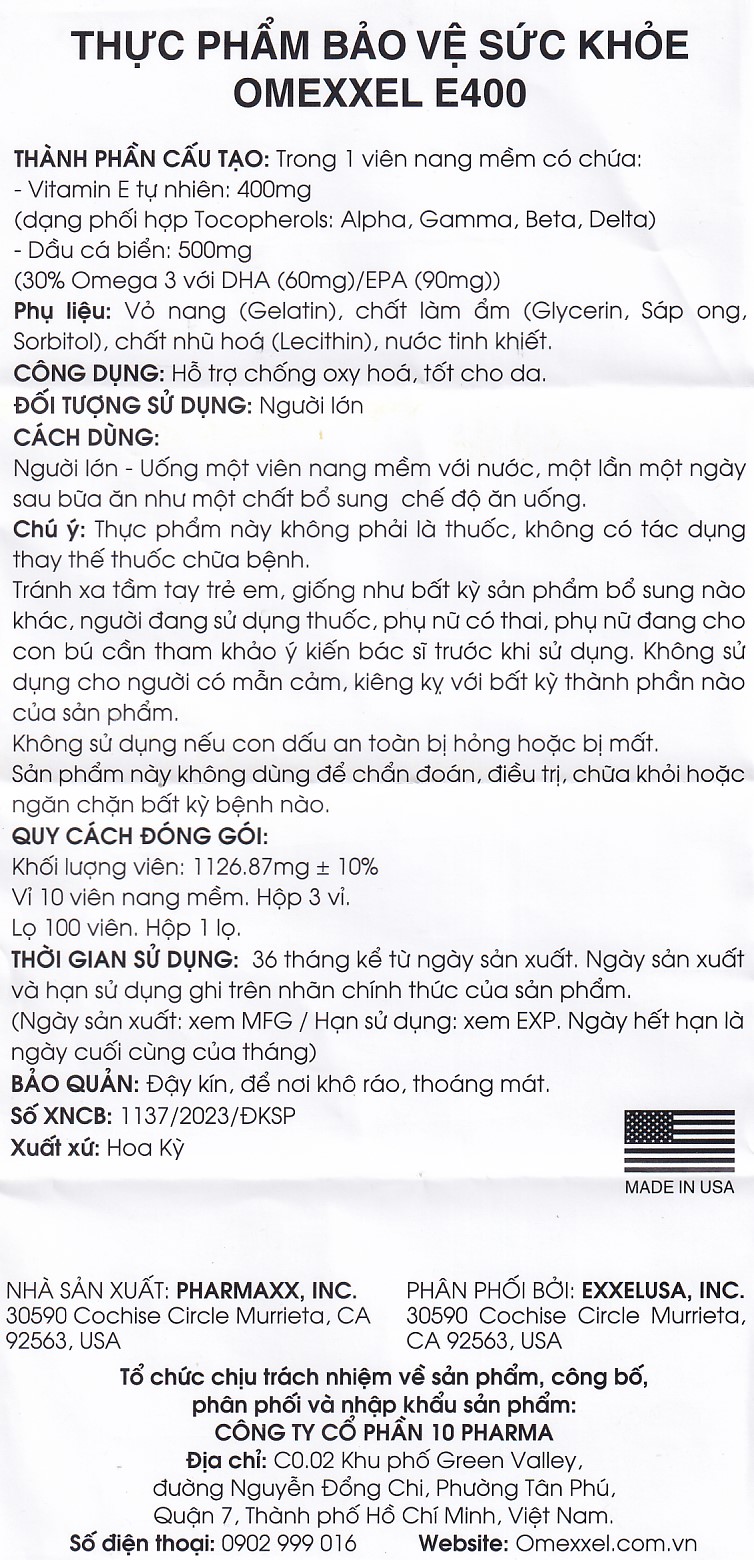 Viên uống hỗ trợ chống oxy hóa, tốt cho da Omexxel E400 (3 vỉ x 10 viên)