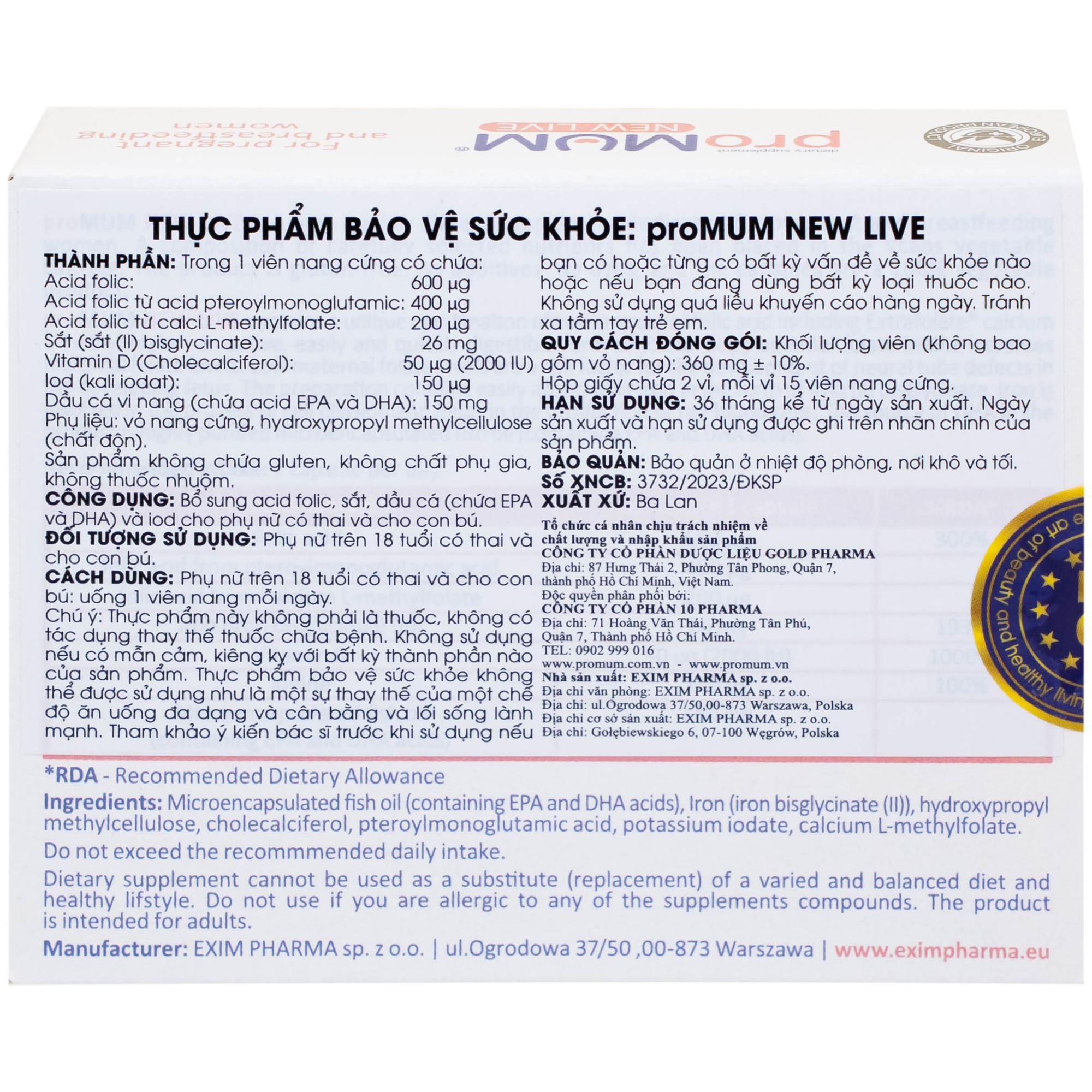Viên uống bổ sung Acid folic, sắt cho phụ nữ mang thai và cho con bú proMUM New Live (2 vỉ x 15 viên)