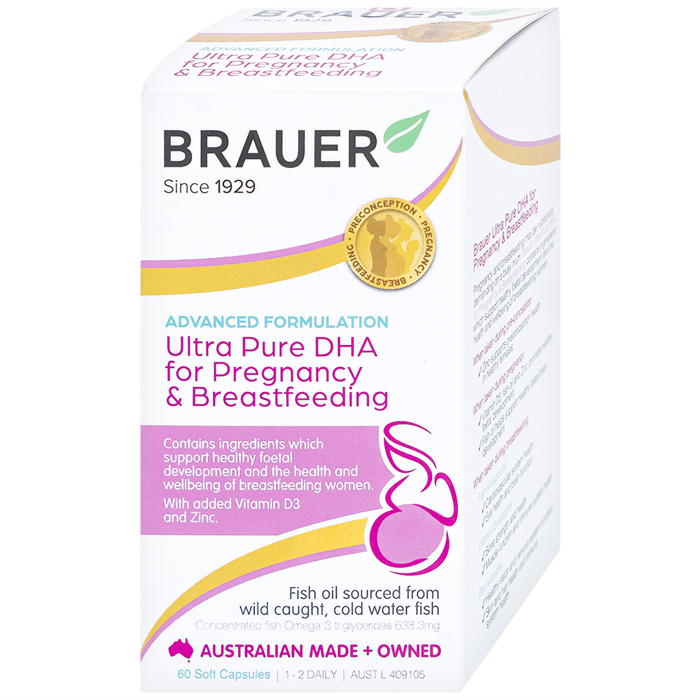 Viên uống hỗ trợ tăng cường sức khoẻ phụ nữ mang thai và cho con bú Brauer Ultra Pure DHA For Pregnancy & Breastfeeding (60 viên)