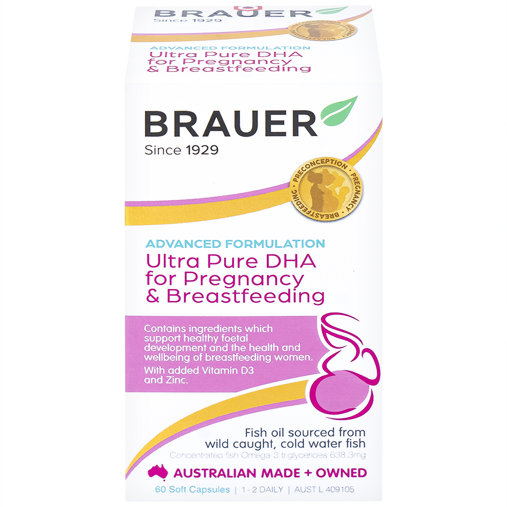 Viên uống hỗ trợ tăng cường sức khoẻ phụ nữ mang thai và cho con bú Brauer Ultra Pure DHA For Pregnancy & Breastfeeding (60 viên)